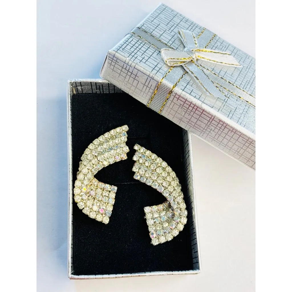 Vintage Rhinestone Statement Earrings Silver Tone Fan Shape Clip - Image 2