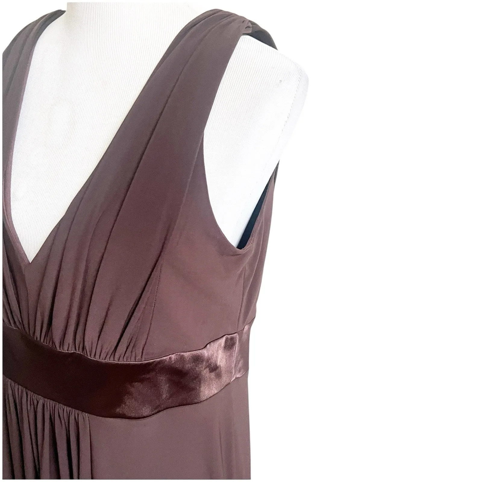 Jones Wear Jersey Dress Size 16 Brown Midi Satin Empire Waist Deep V Neck Draped - Image 6