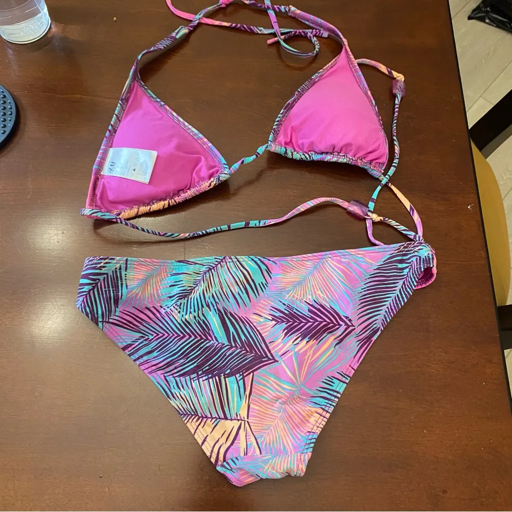 H&M Womens 2 Pc Bikini Swim Suit Top Size 6 Bottoms XS Size 4 Waist 28” Palm - Image 7