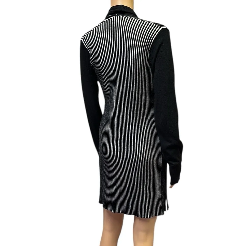 Lapis Long Open Front Ribbed Knit Cardigan Black and White Womens Small - Image 6