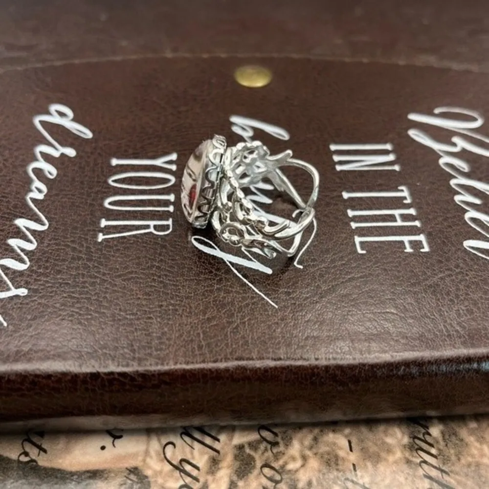 Red Monarch Butterfly Glass Stainless Steel Filigree Ring - Image 8