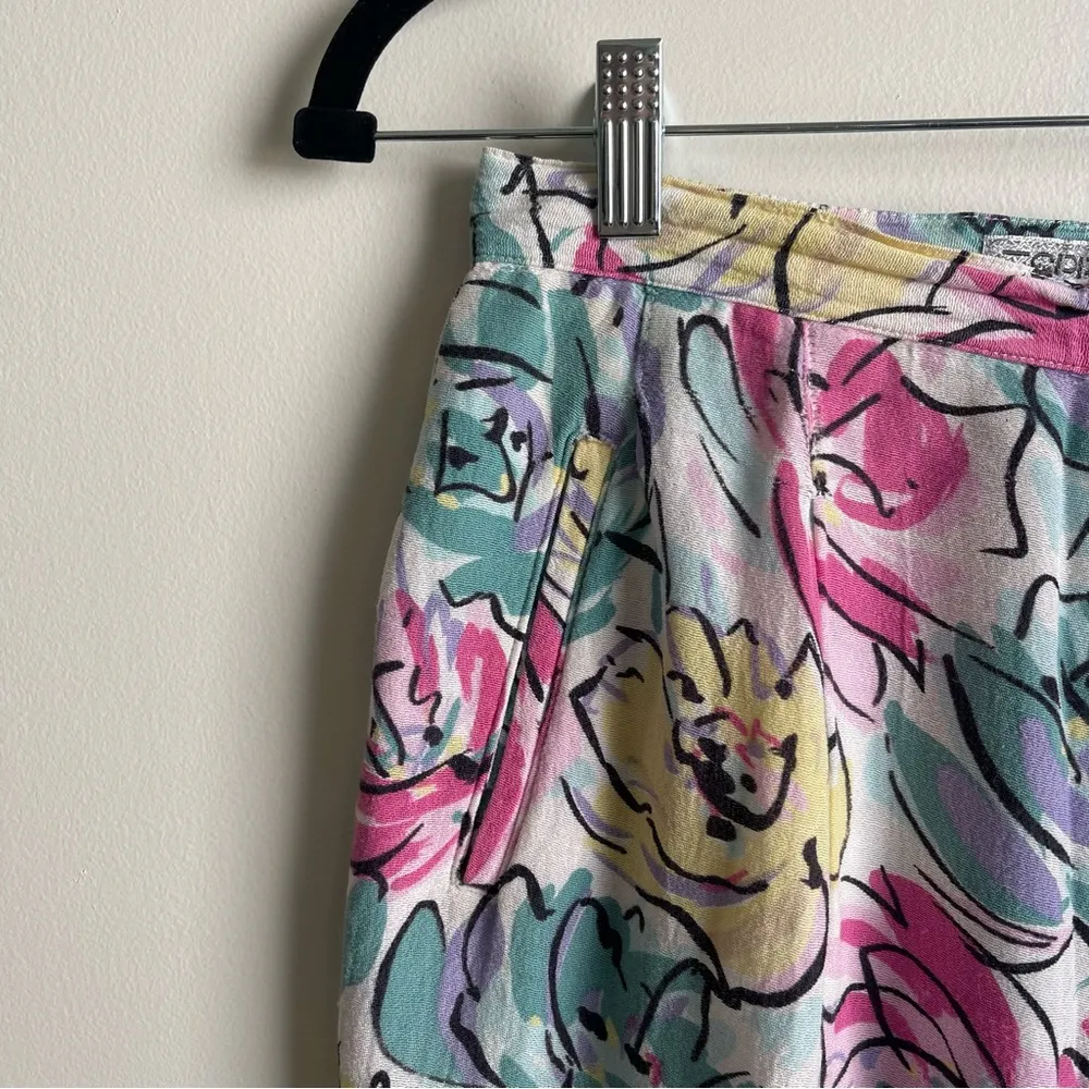 Vintage 80s ESPRIT Linen/Rayon Tapered Floral Pleated Pants Made in Italy Small - Image 2