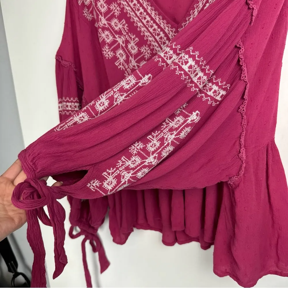 American Eagle Embroidered Boho Top Sz XL Pink Balloon Sleeves - Image 12