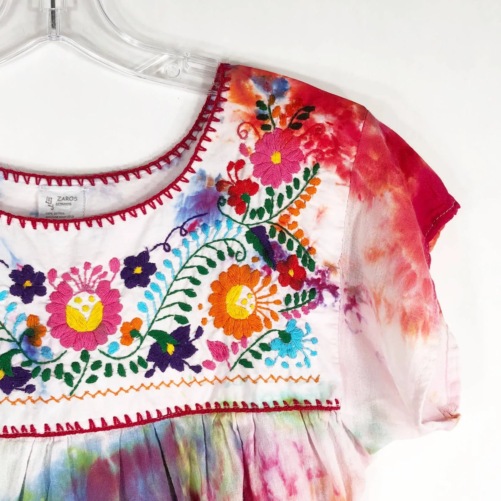 Zaros Medium Blouse Farm Flowers Tie Dye‎ Handmade Pink Orange Embroidered 391 - Image 5