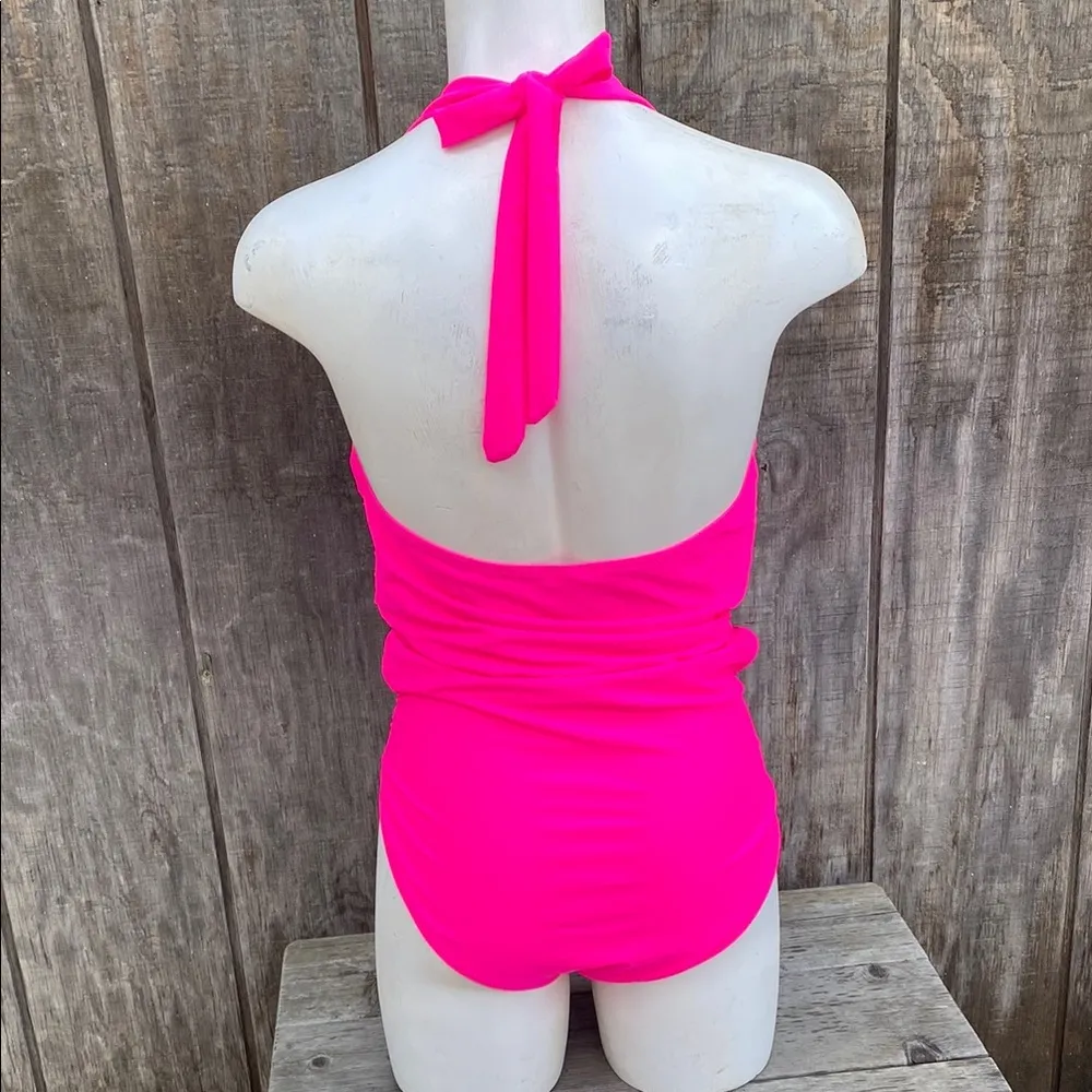 Hot Pink Halter Neck One Piece Swimsuit Ruching Slight Tummy Control Size Large - Image 6