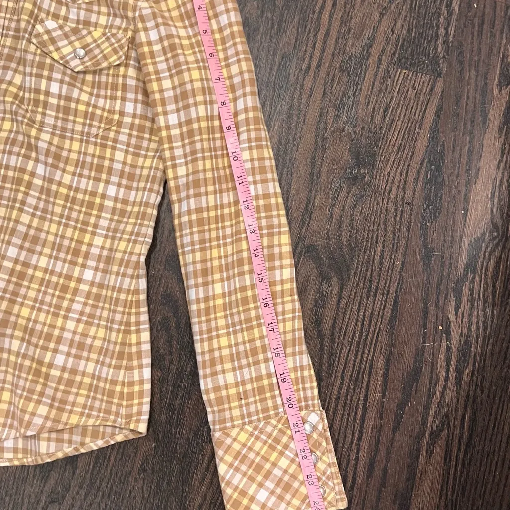 Theory Western Pearl Snap Shirt Small Yellow Brown Plaid - Image 6
