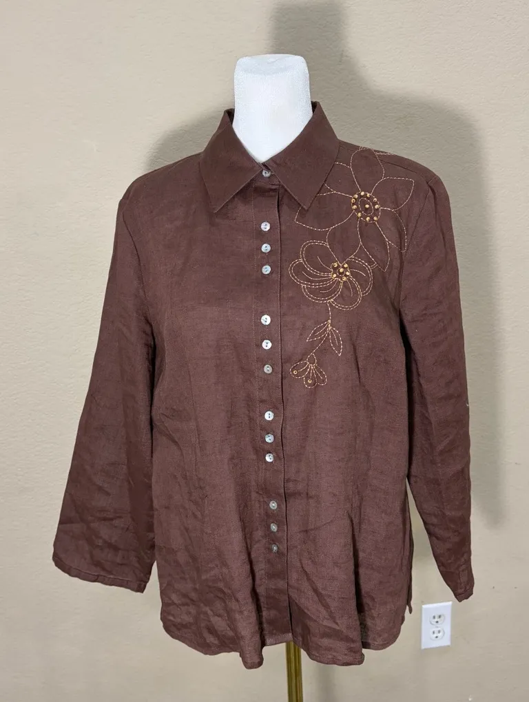Richard Malcolm 100% Linen Button Down Brown Shirt Sz L Foral Beaded Boho Casual Size L - Image 1