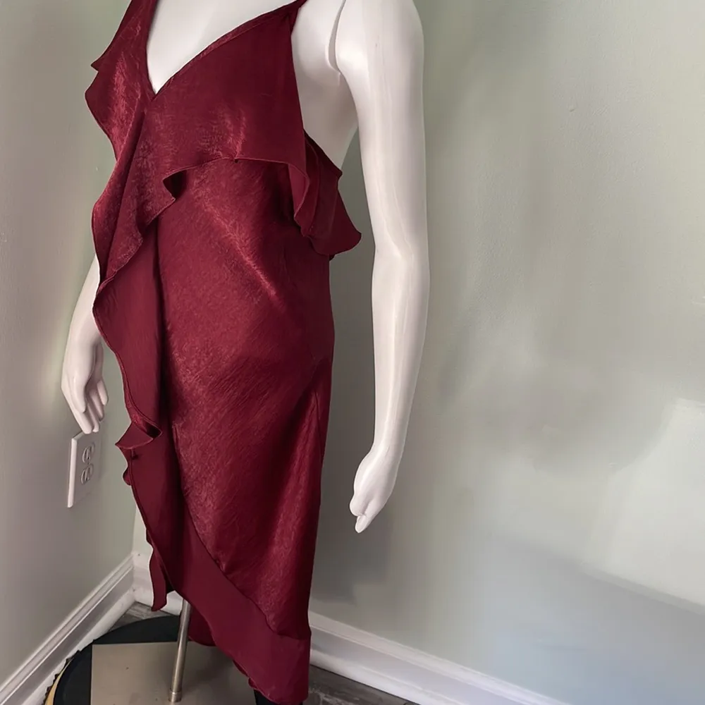 Misa Los Angeles Ele slip dress ruffle wine slub criss cross strap midi dress - Image 5