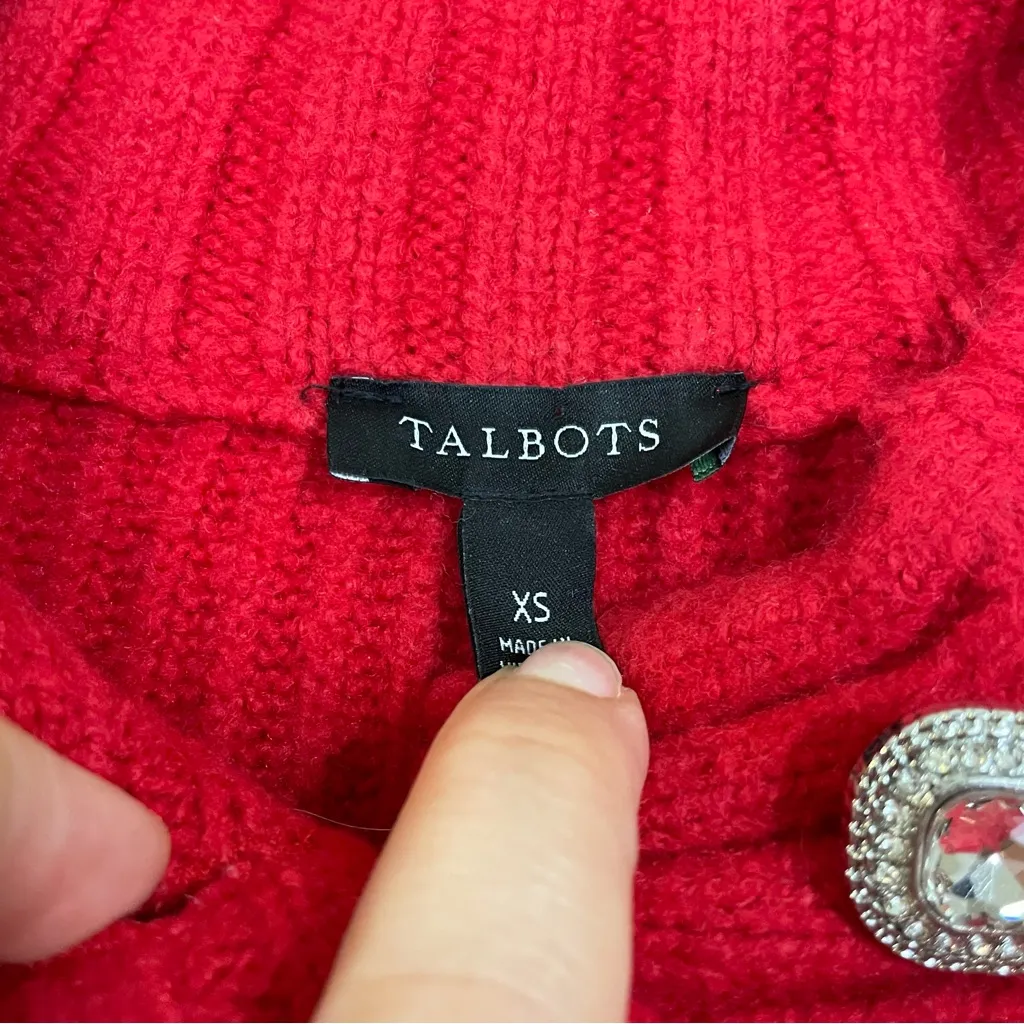 Talbots Red Jewel Button Henley Chunky Ribbed Pullover Wool‎ Blend Sweater XS - Image 3
