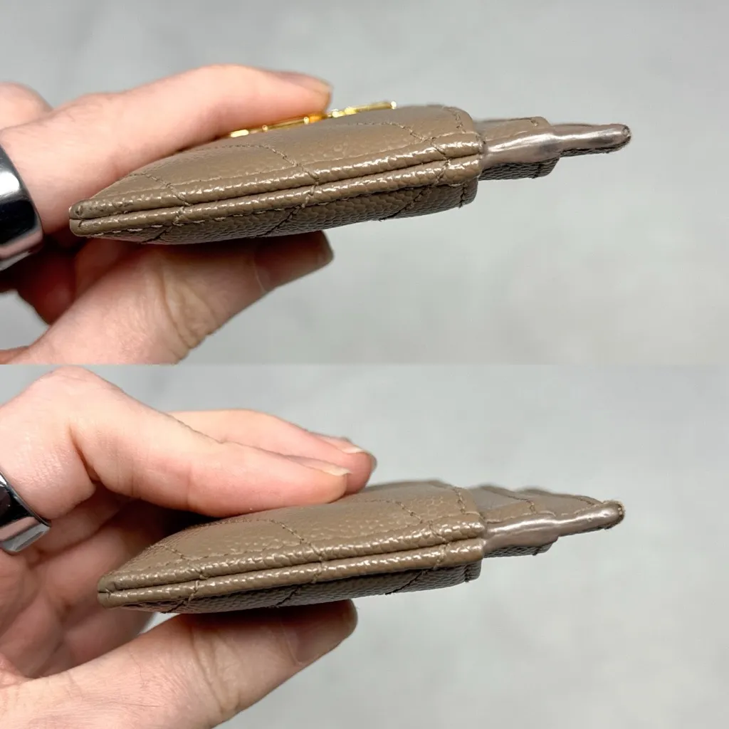 Saint Laurent YSL Monogram Logo Quilted Grained Leather Card Holder Taupe Gold - Image 9