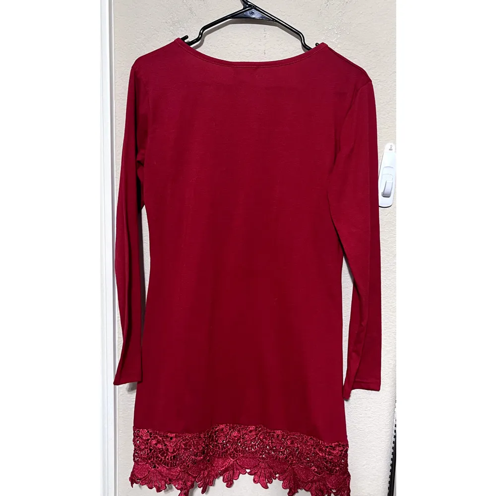 Match Stick Red Dress Lace Trim Long Sleeve Holiday Mini Jersey knit Argus sz S - Image 6