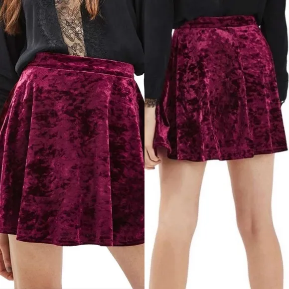 TopShop Burgundy Crushed Velvet Skater Skirt size 6 - Image 2