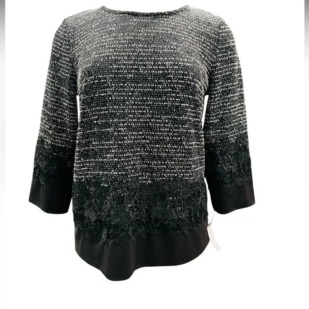 Karl Lagerfeld Floral Embroidered Tweed Black White 3/4 Sleeve Blouse Size S - Image 10