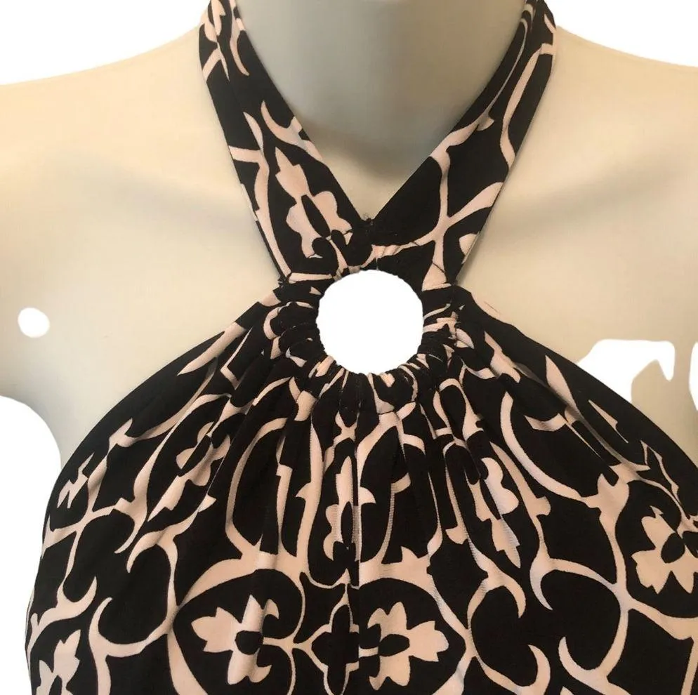 Y2K WHBM Keyhole Halter Top Maxi Dress M Black White Damask Print Slinky Summer - Image 4
