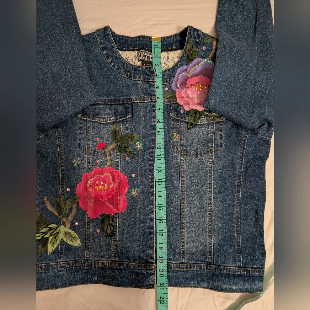 Vintage Berek Takako Sakon Floral Embroidered/Beaded Denim Lace Lined Jacket Med Pink - Image 8
