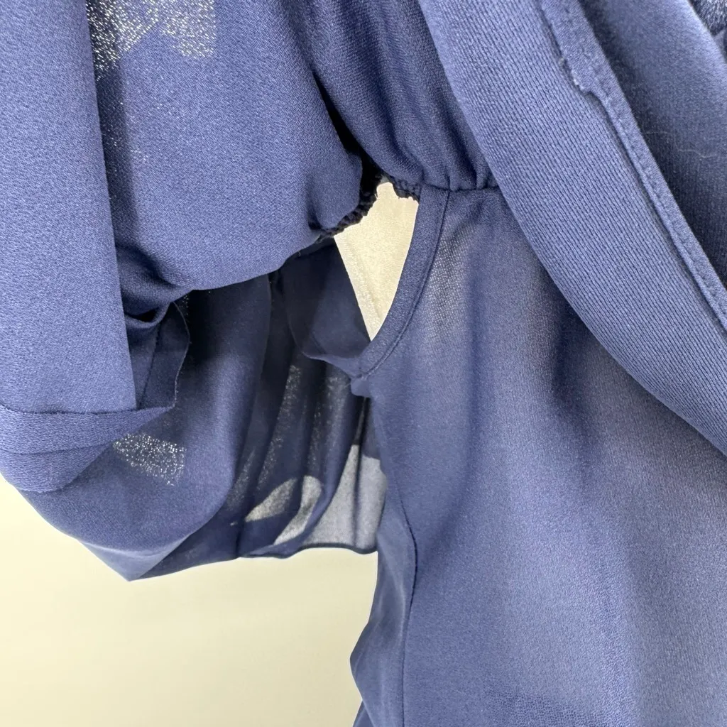 Vintage 80s Midi Party Dress Navy Blue Off Shoulder Layered Ruffles Sheer Yoke Size M - Image 8