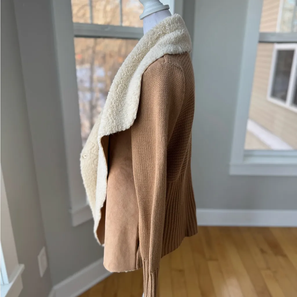 New York & Company Tan Ivory Faux Suede Sherpa Sweater Jacket Coat Size Medium - Image 3