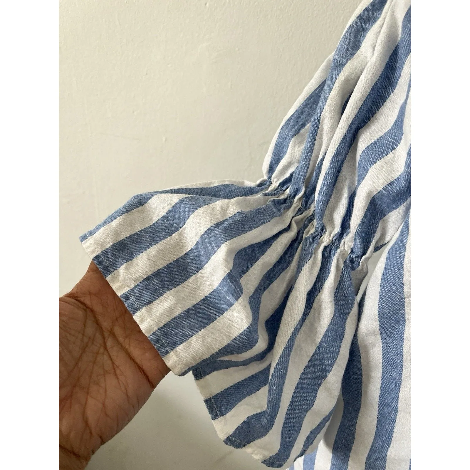 Ecru Lab Cotton Small Blue White Stripe Off The Shoulder Mini Dress Bell Sleeve - Image 7