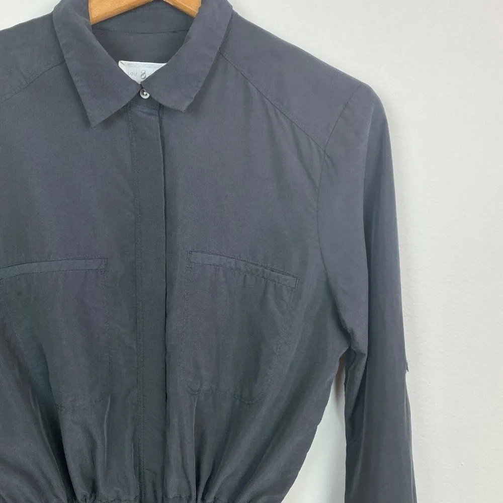 Lou & Grey Shirt Dress Womens Small Black Button Up Tie Waist Long Tabbed Sleeve - Image 6