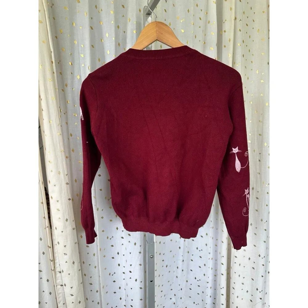 Unbranded Silkscreen Crazy Cat Lady Pearls Embellishment Knit Crewneck Sweater Red Size XS - Image 4