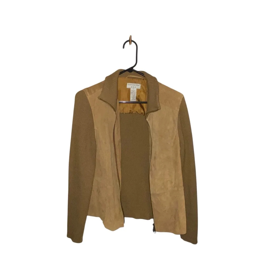 Vintage Covington Tan Suede Wool Sweater Jacket 70s Boho Western double zipper - Image 8