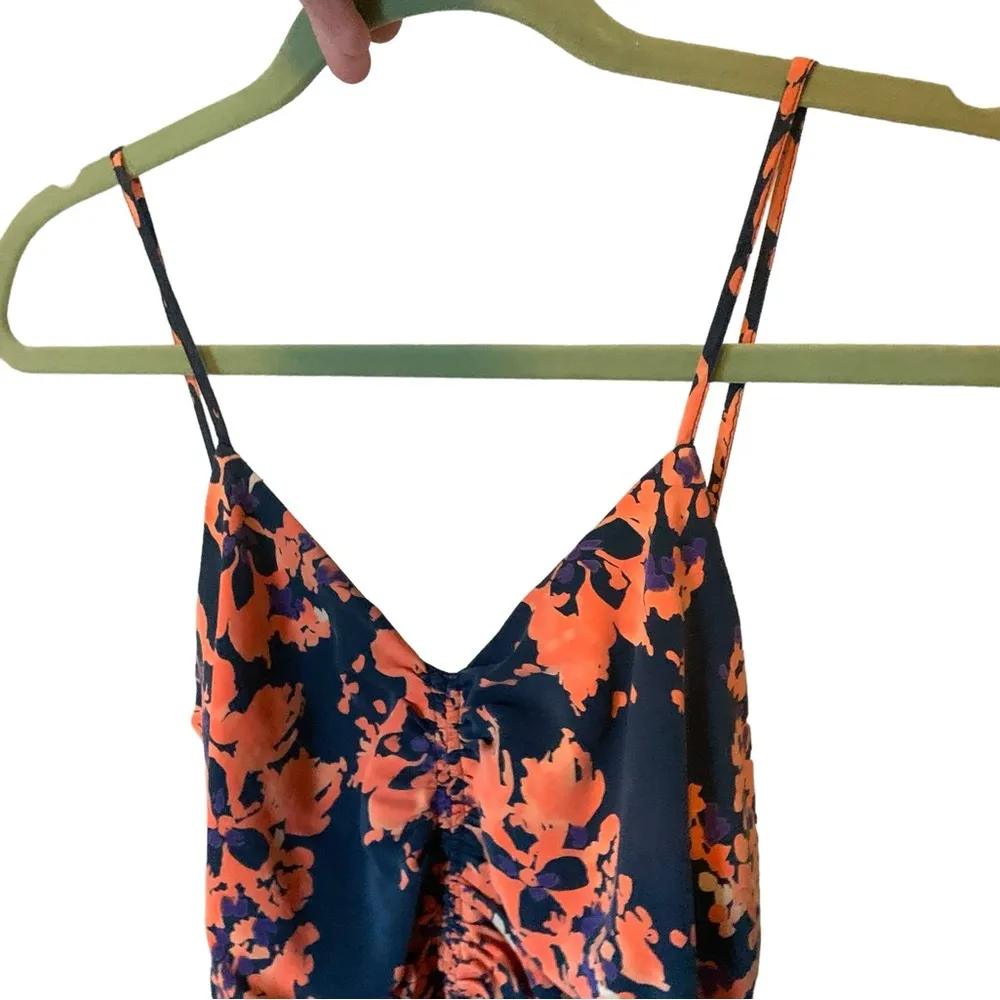 Parker 100% silk Floral Printed Navy Orange Purple ruched flare mini dress - Image 4