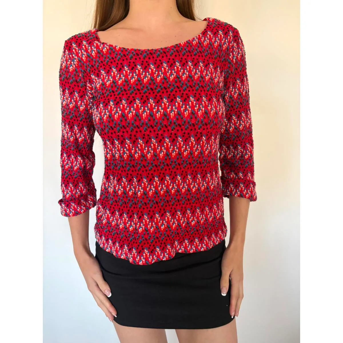 Red Pink and Blue 3/4 Sleeve Cuffed Long Sleeve Boat Neck Top Size M - Image 3