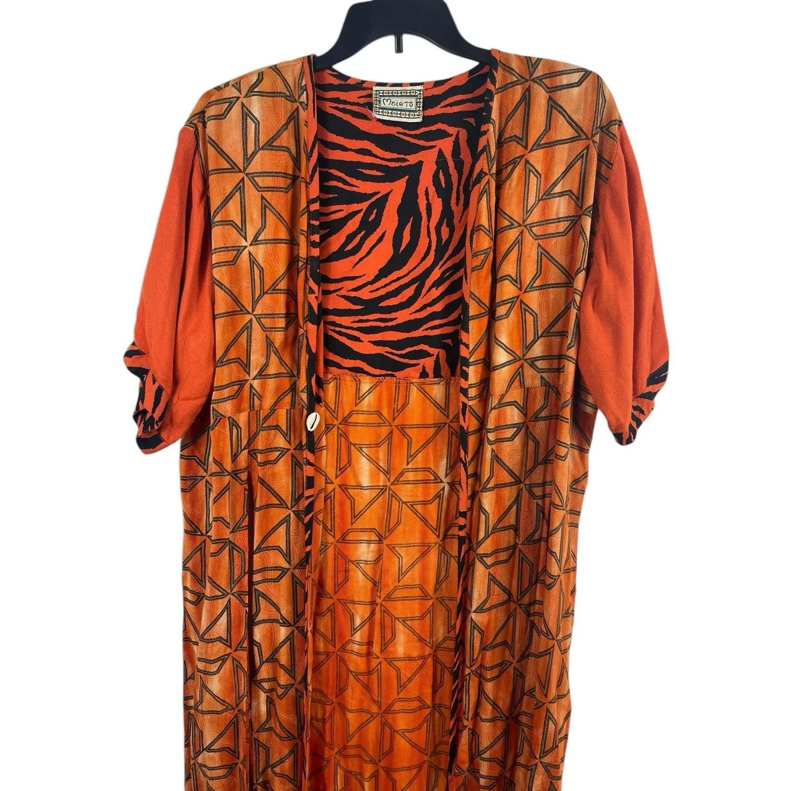 VTG Molato Tribal African Print Orange Duster Long Open Front Short Sleeve XL - Image 3