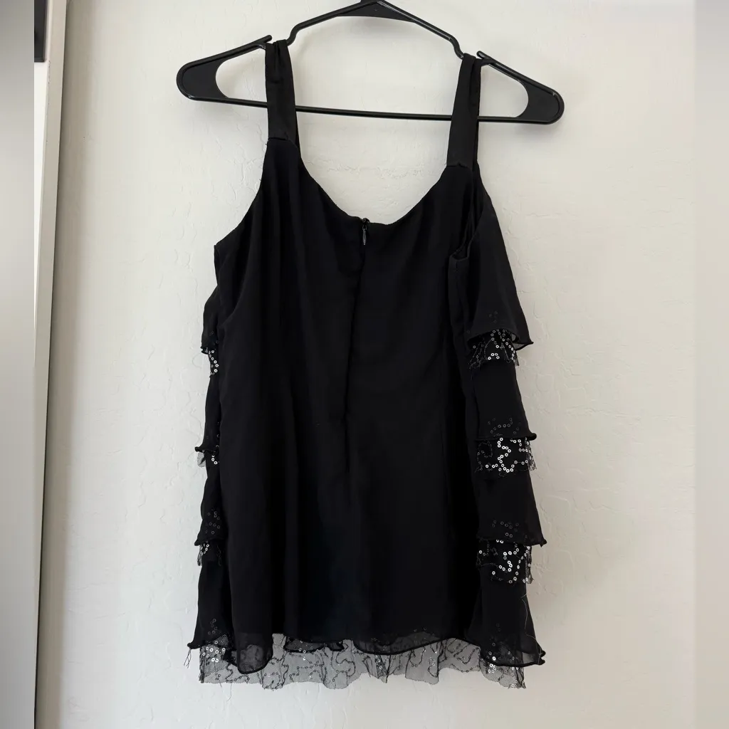 Y2K Vintage Black Ruffle Tank Top Silver Sequin Satin Strap Layered Glam Shirt - Image 2