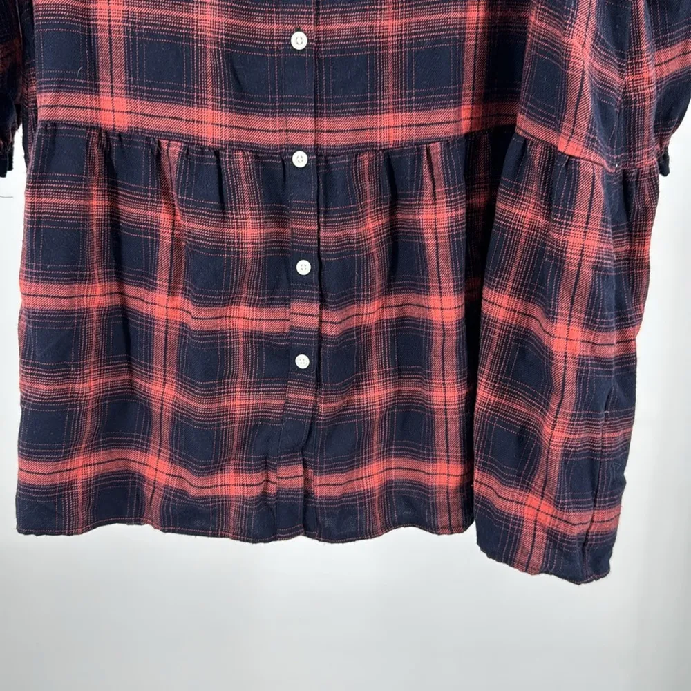LOFT plaid flannel drop waist Orange navy Mini shirt Dress M casual fall office - Image 8