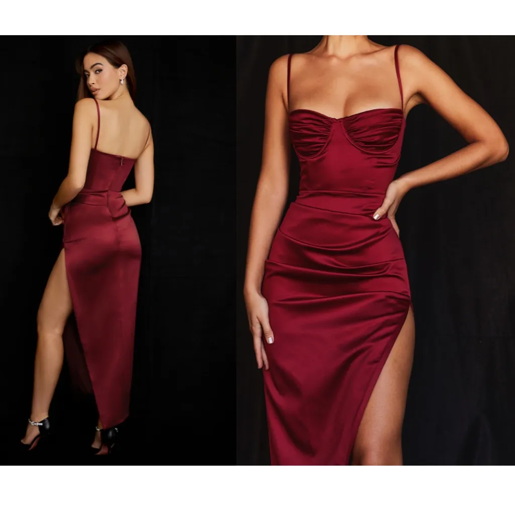 House of CB XS D-DD  ‎ “Flora” Pleated Satin Midi Wine Dress NWOT - Image 4