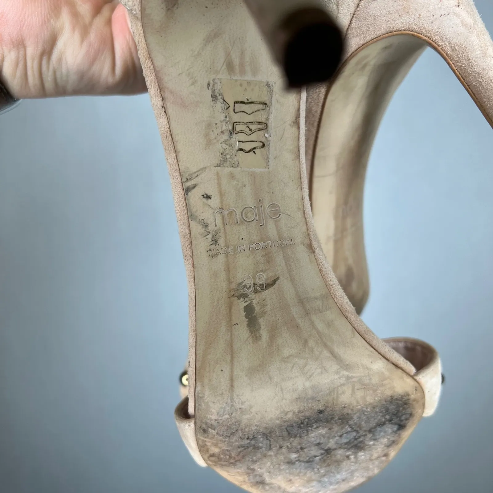 Maje Women's Studded Ankle Strap‎ Heels Suede Leather Beige Sandals - Image 5