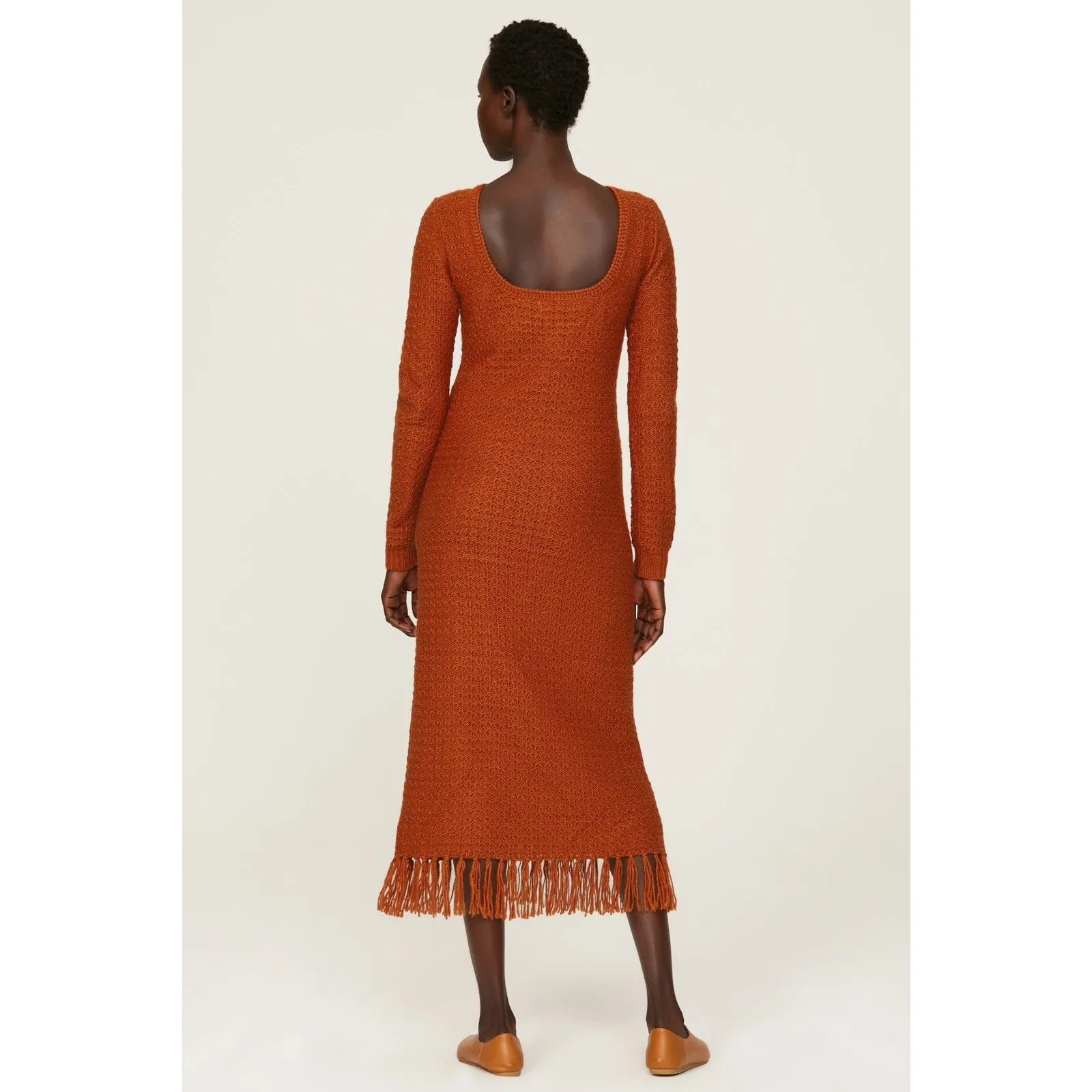 Pamela Love Orange Fringe Knit Long Sleeve Midi Boho Sweater Dress Size Medium - Image 3