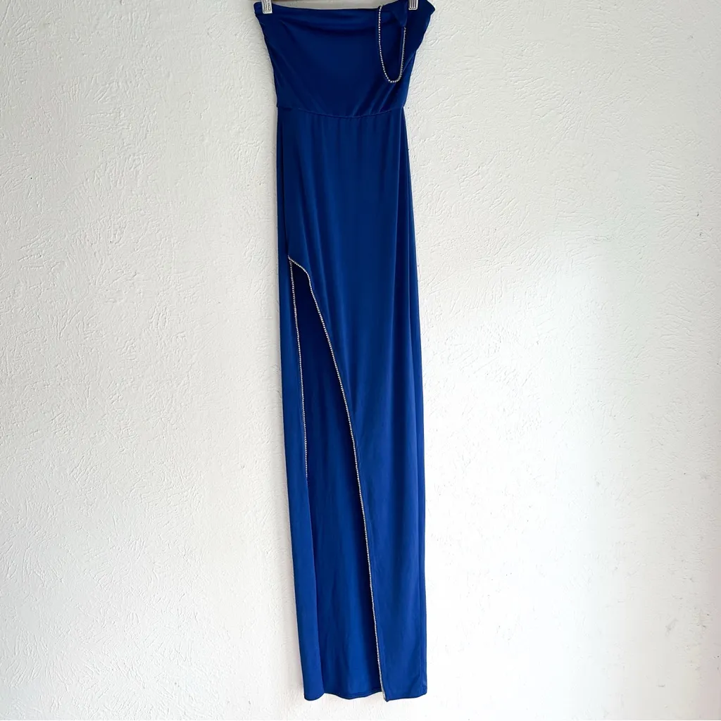 Lucy in the Sky One-Shoulder Blue Maxi Dress Rhinestone Slit XS - Image 3