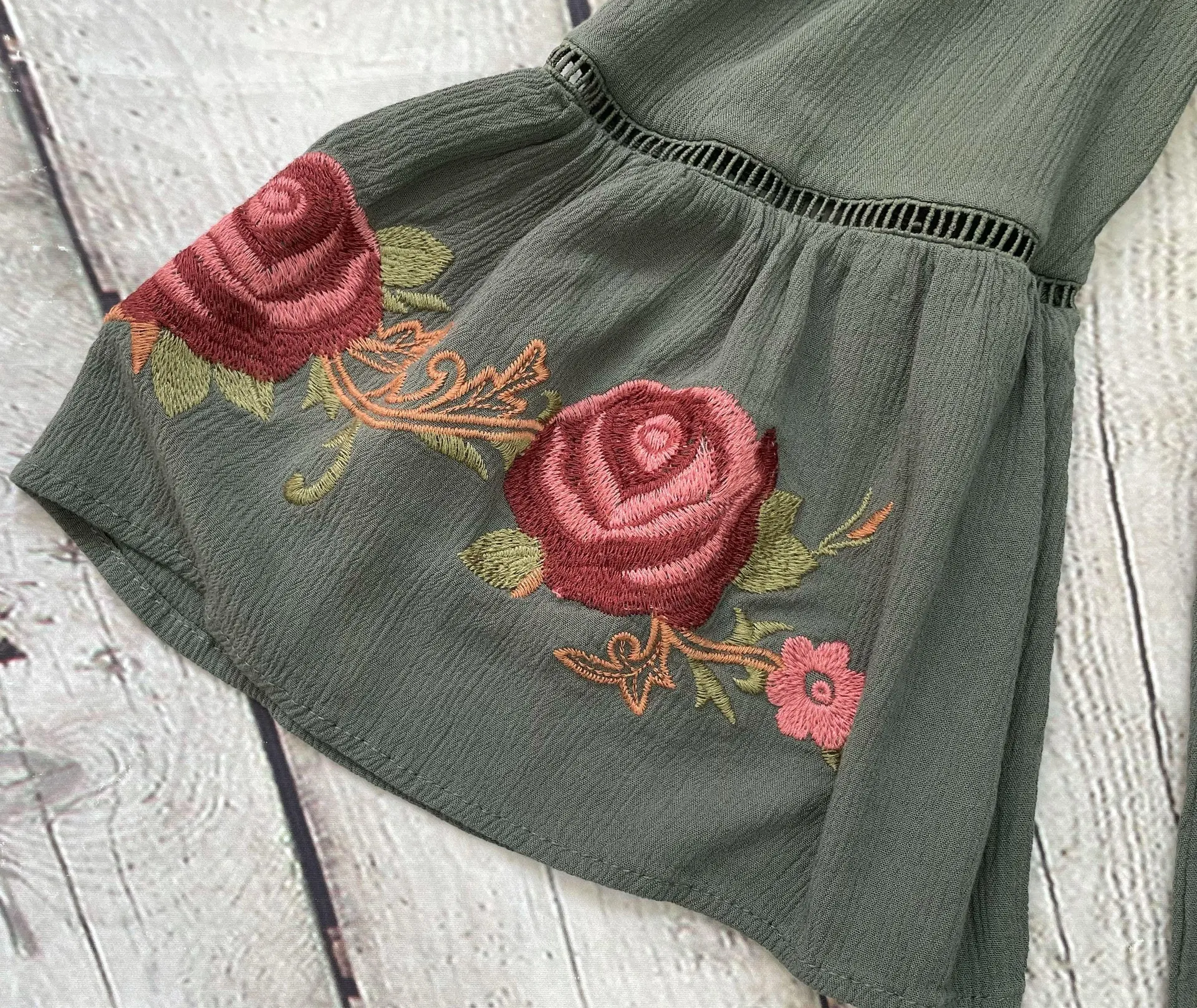 Sage Green Embroidered Floral Dress - Image 9