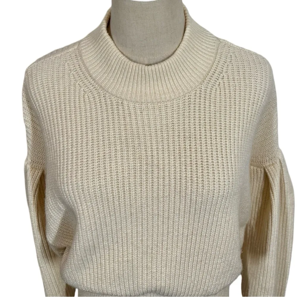 JUST FEMALE Sophie High Neck Chunky Knit Voluminous Sleeve Sweater Antique White Size XS - Image 7