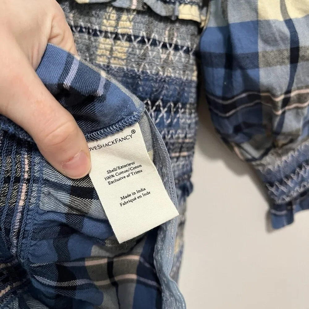 LoveShackFancy‎ Stanley Smocked Plaid Dress in Blue Yellow Denim Skies Medium - Image 5