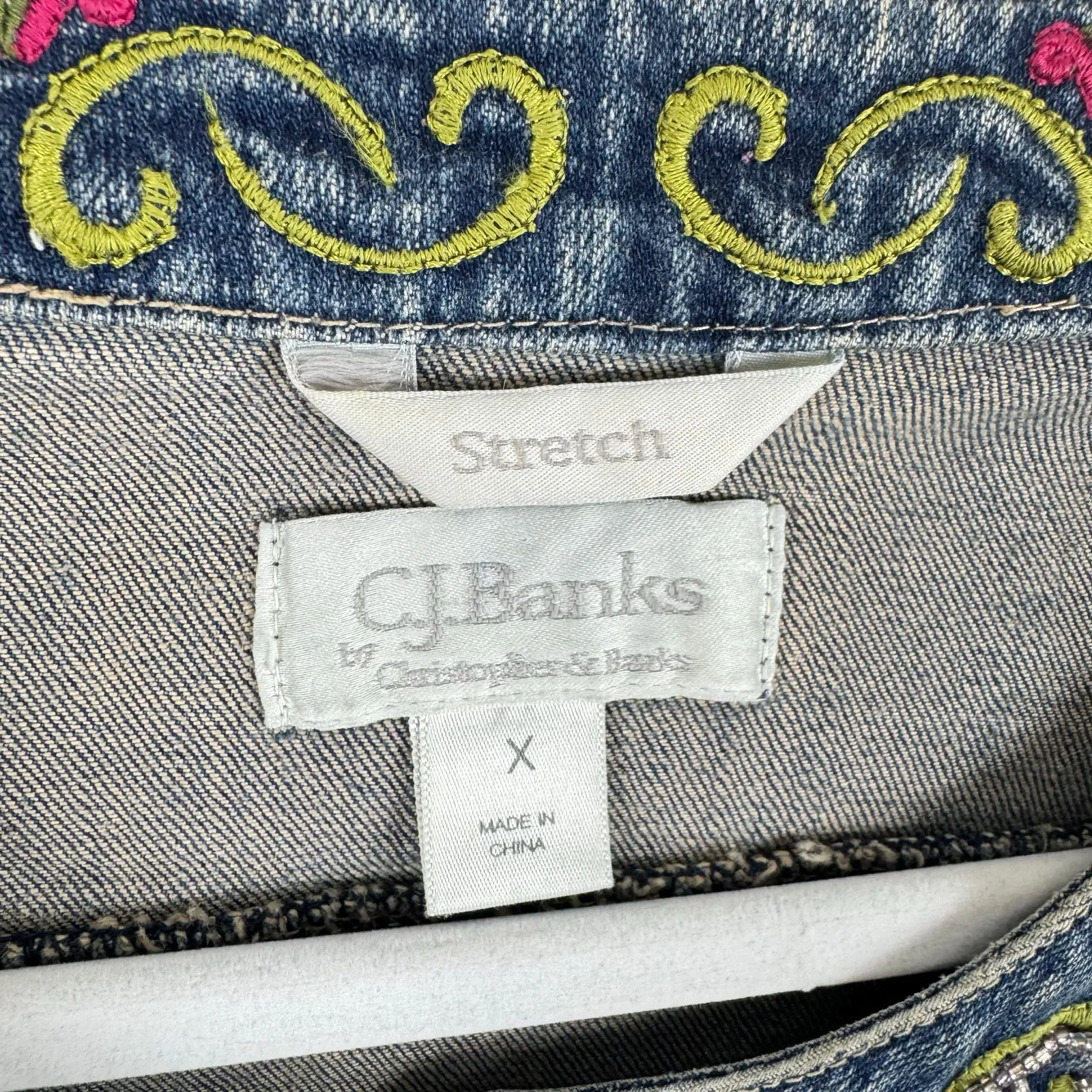 CJ Banks Stretch Cotton Embroidered 3/4 Sleeve Snap Up Jean Jacket Size X 14W Blue - Image 6