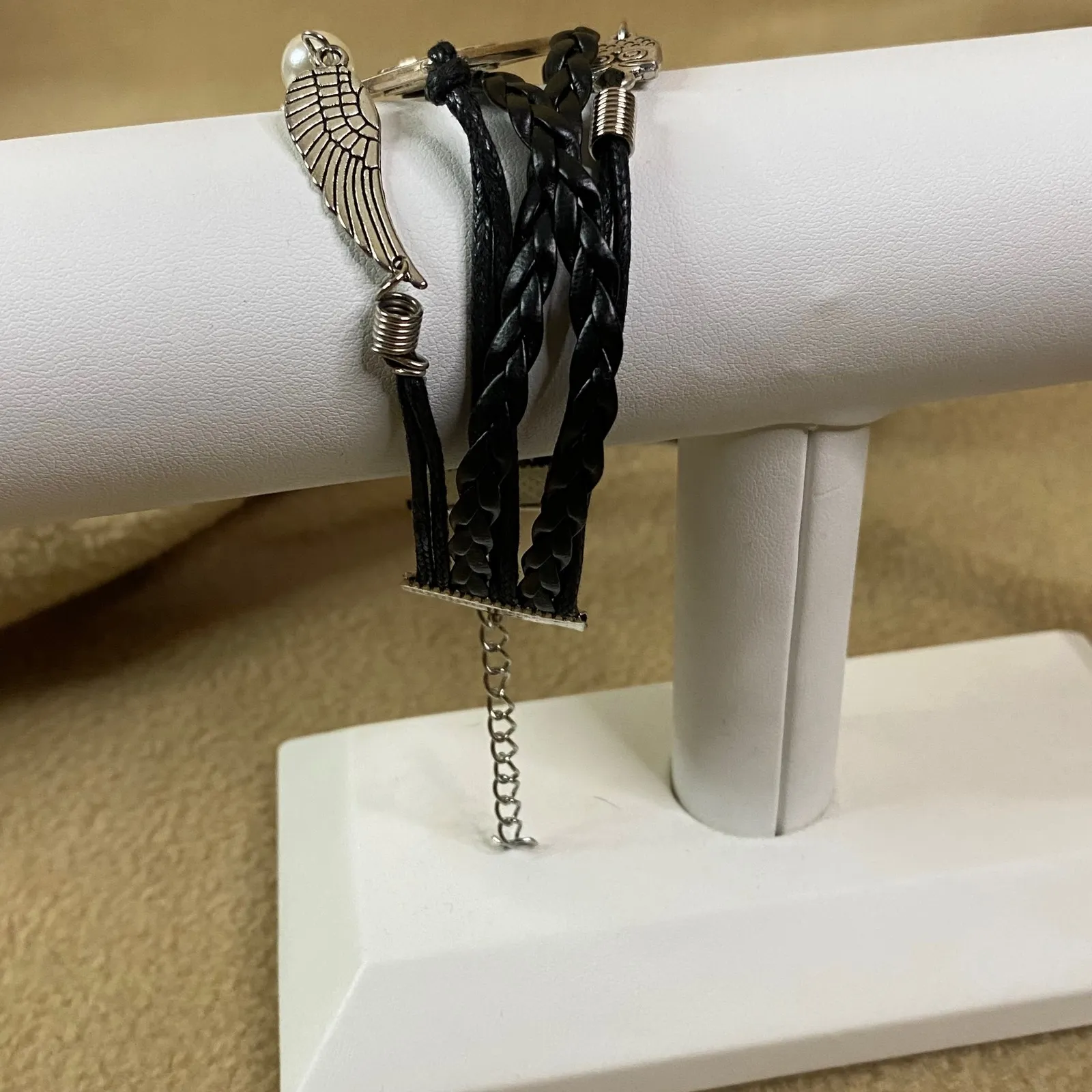 Harry Potter Deathly Hallows Owl Wing Pearl Charm Bracelet Unisex Adjustable 8in Black - Image 4