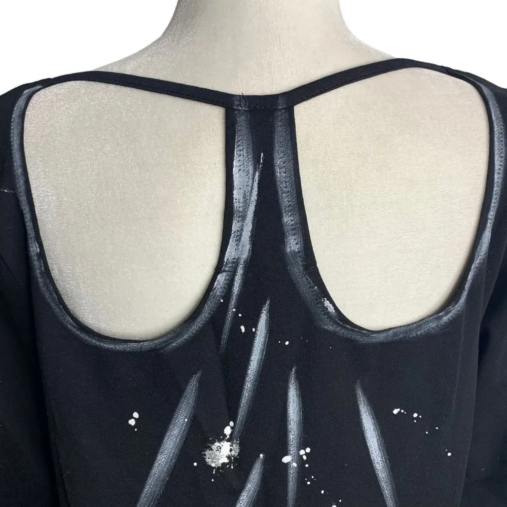 Olyss Hand Painted Fabulous Cut Out Top XL Black Long Sleeve Rhinestones Rivets - Image 4
