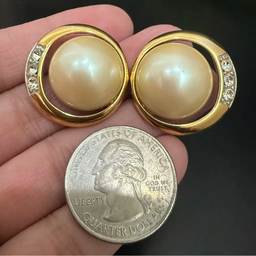Vintage MONET Signed Gold-tone Faux Pearl Rhinestones Button Post Earrings 14.8g - Image 4