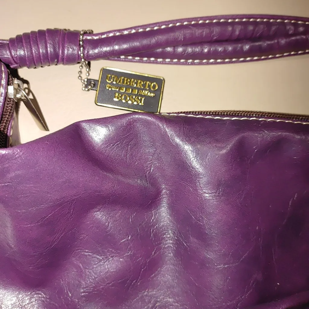 Umberto Bossi Purple Faux Leather Hobo Shoulder Bag Zipper Tassel Accents - Image 3