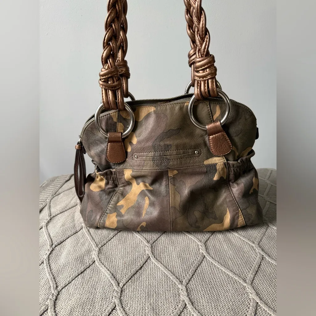 VTG B. Makowsky Caroline Bag Camouflage Bronze Leather Braided Double Handles Brown - Image 5