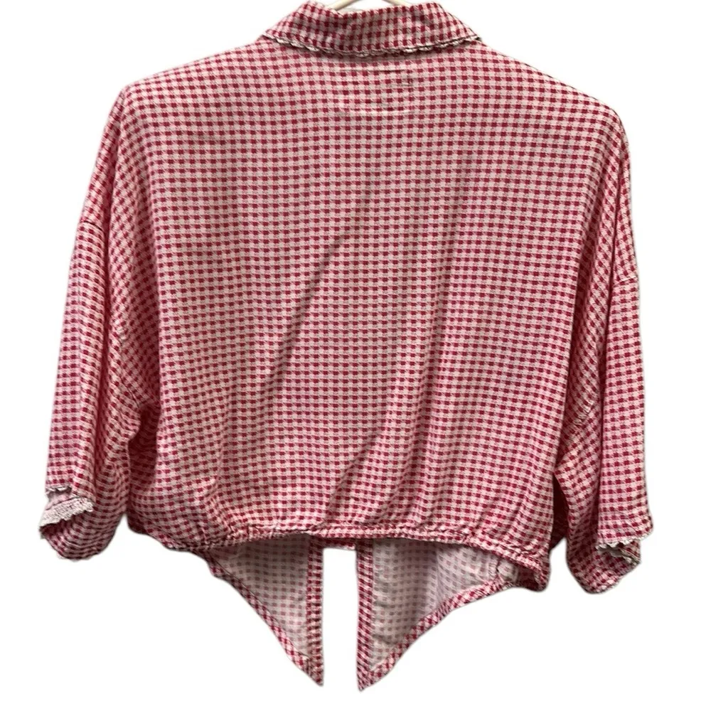 Vintage 80s Jordache Rayon Button Up Tie Front Plaid Short Sleeve Crop Blouse M - Image 6