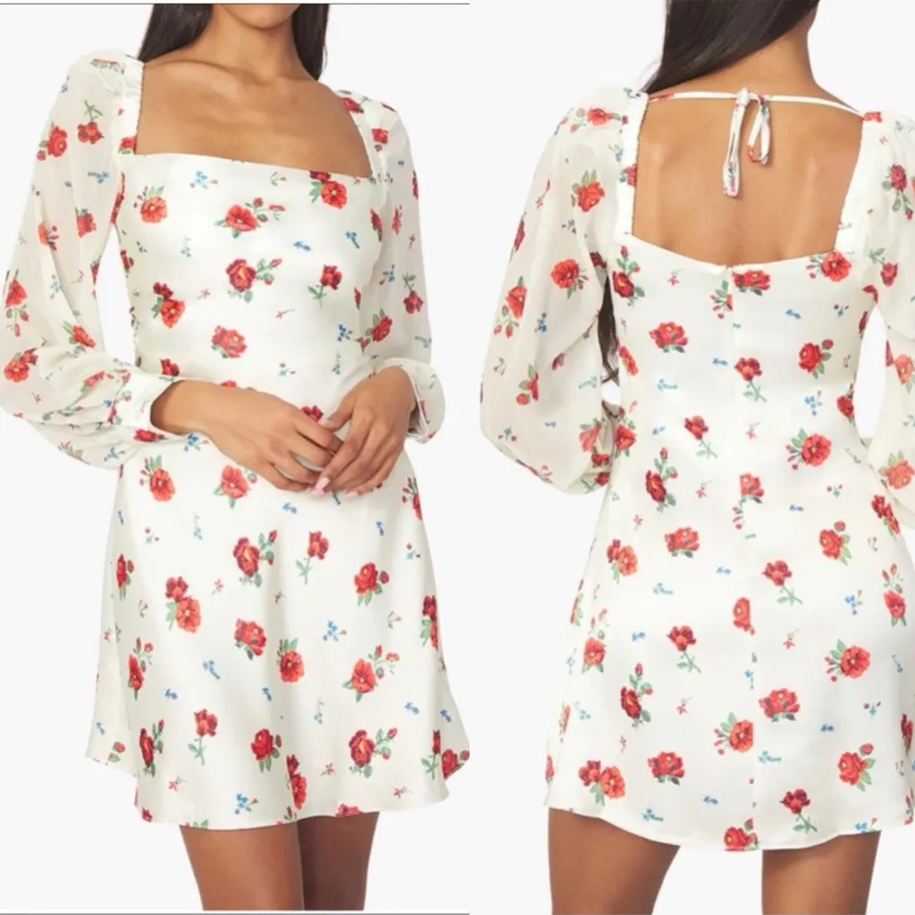 WeWoreWhat Dress 6 White Red Long Sleeve Roses Floral Puff Sleeve Cowl - Image 2