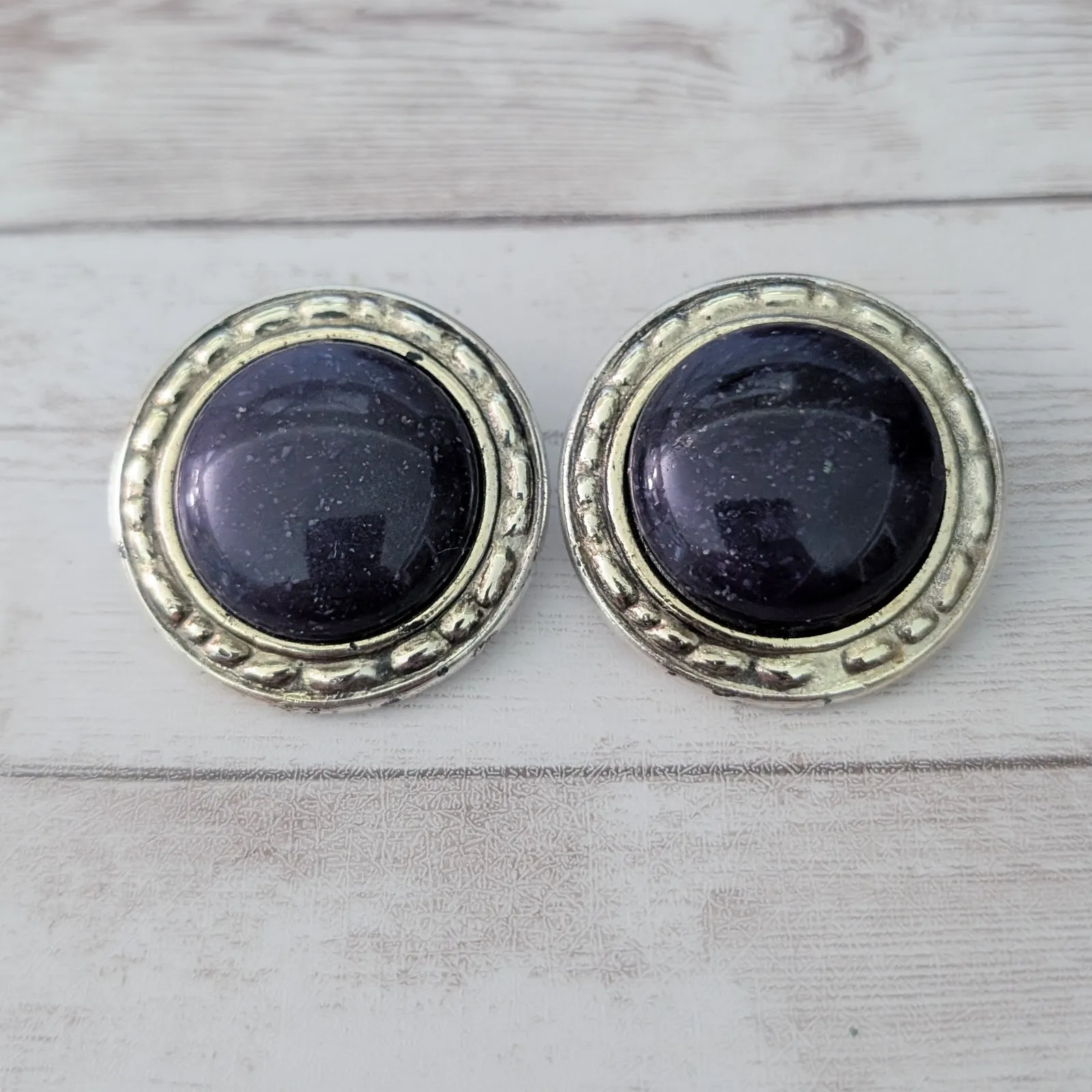 Vintage Clip On Earrings Speckled Midnight Tones with Gold Tone Halo - Image 2