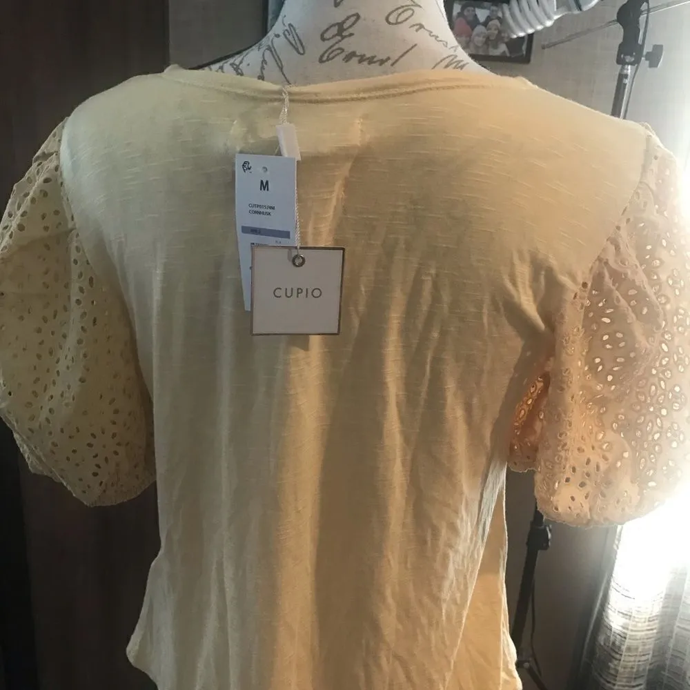 Cupio Eyelet Puff Sleeve Yellow Blouse Medium NWT - Image 10