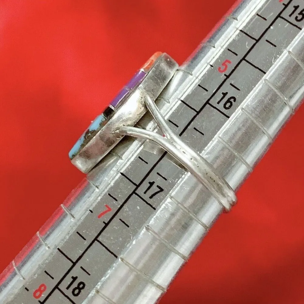 Southwest Sterling Silver Multi Stone Inlay Ring Sz 6-6.5 Signed P - Image 9