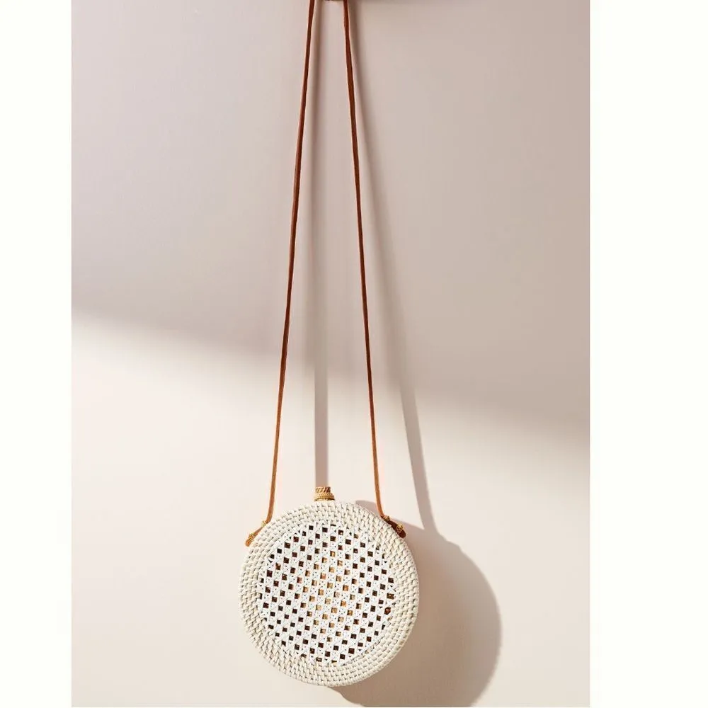 ANTHROPOLOGIE Rattan Circle Crossbody‎ Bag, White/Cream/Brown, Classic Chic - Image 12