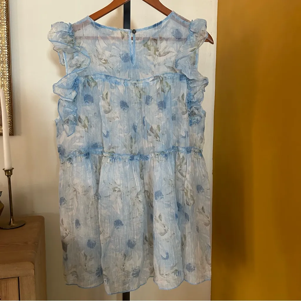 POL Sheer Flutter Sleeve Babydoll Tiered Top Ethereal Romantic Floral Blue Sz L - Image 4